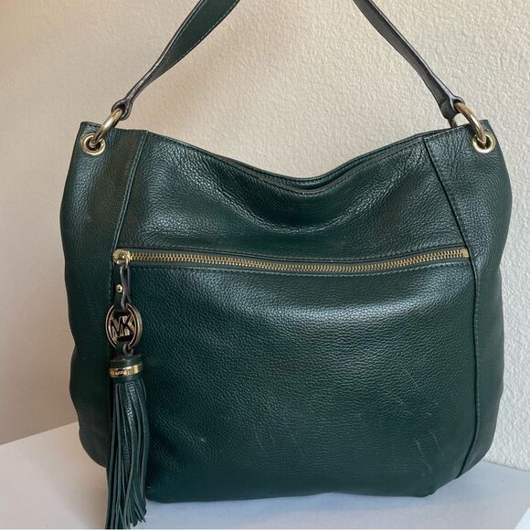 Michael Kors Green Leather Fulton Bedford Shoulder Bag Jet Set Selma - Picture 1 of 11